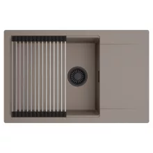 HD Onyx Tortora 78-XL egymedencés mosogatótálca szett, acél csepegtetőráccsal, csepegtetőtálcával, tortora színben, matt fekete leeresztő szifonnal