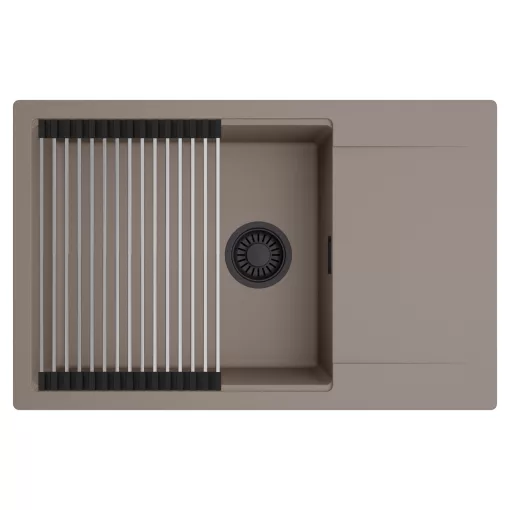 HD Onyx Tortora 78-XL egymedencés mosogatótálca szett, acél csepegtetőráccsal, csepegtetőtálcával, tortora színben, matt fekete leeresztő szifonnal