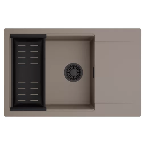 HD Onyx Tortora 78-XL egymedencés mosogatótálca szett, matt fekete csepegtetőkosárral, csepegtetőtálcával, tortora színben, matt fekete leeresztő szifonnal