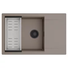 HD Onyx Tortora 78-XL egymedencés mosogatótálca szett, acél csepegtetőkosárral, csepegtetőtálcával, tortora színben, matt fekete leeresztő szifonnal