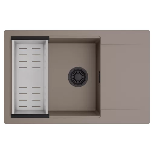 HD Onyx Tortora 78-XL egymedencés mosogatótálca szett, acél csepegtetőkosárral, csepegtetőtálcával, tortora színben, matt fekete leeresztő szifonnal