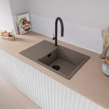 HD Onyx Tortora 78-XL egymedencés mosogatótálca, csepegtetőtálcával, tortora színben, matt fekete leeresztő szifonnal