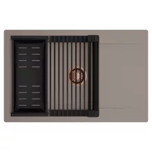 HD Onyx Tortora 78-XL egymedencés mosogatótálca szett, matt fekete csepegtetőráccsal és kosárral, csepegtetőtálcával, tortora színben, szálcsiszolt réz leeresztő szifonnal