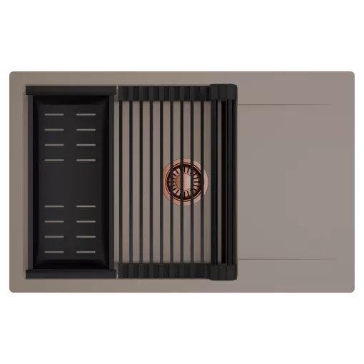 HD Onyx Tortora 78-XL egymedencés mosogatótálca szett, matt fekete csepegtetőráccsal és kosárral, csepegtetőtálcával, tortora színben, szálcsiszolt réz leeresztő szifonnal