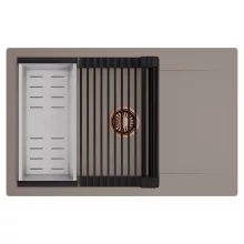 HD Onyx Tortora 78-XL egymedencés mosogatótálca szett, matt fekete csepegtetőráccsal és krómozott kosárral, csepegtetőtálcával, tortora színben, szálcsiszolt réz leeresztő szifonnal