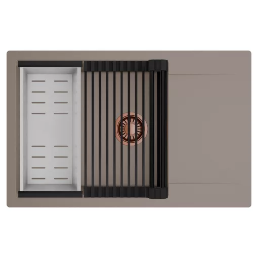 HD Onyx Tortora 78-XL egymedencés mosogatótálca szett, matt fekete csepegtetőráccsal és krómozott kosárral, csepegtetőtálcával, tortora színben, szálcsiszolt réz leeresztő szifonnal