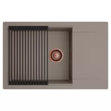 HD Onyx Tortora 78-XL egymedencés mosogatótálca szett, matt fekete csepegtetőráccsal, csepegtetőtálcával, tortora színben, szálcsiszolt réz leeresztő szifonnal