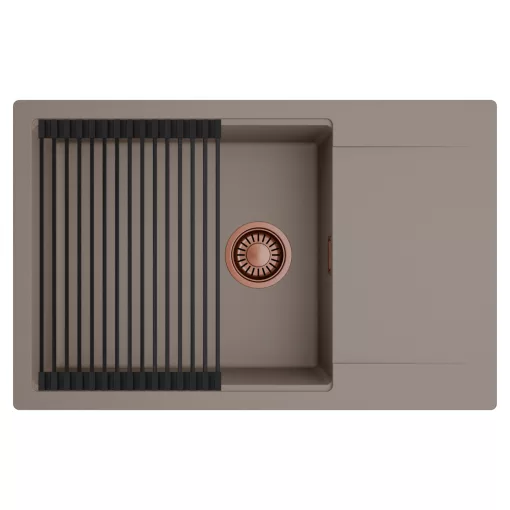 HD Onyx Tortora 78-XL egymedencés mosogatótálca szett, matt fekete csepegtetőráccsal, csepegtetőtálcával, tortora színben, szálcsiszolt réz leeresztő szifonnal