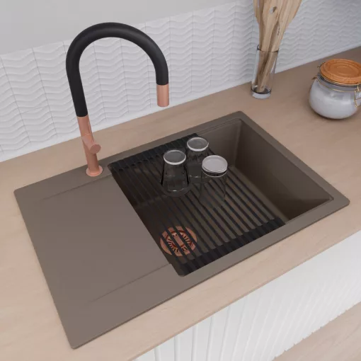 HD Onyx Tortora 78-XL egymedencés mosogatótálca szett, matt fekete csepegtetőráccsal, csepegtetőtálcával, tortora színben, szálcsiszolt réz leeresztő szifonnal