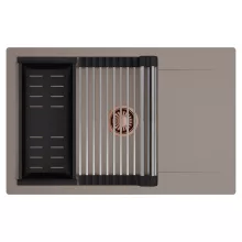 HD Onyx Tortora 78-XL egymedencés mosogatótálca szett, acél csepegtetőráccsal és matt fekete kosárral, csepegtetőtálcával, tortora színben, szálcsiszolt réz leeresztő szifonnal