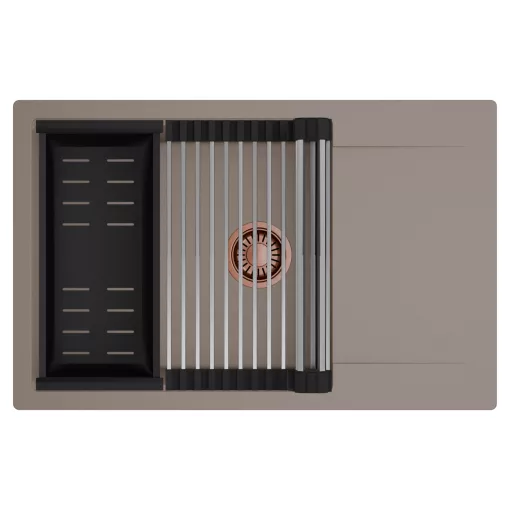 HD Onyx Tortora 78-XL egymedencés mosogatótálca szett, acél csepegtetőráccsal és matt fekete kosárral, csepegtetőtálcával, tortora színben, szálcsiszolt réz leeresztő szifonnal