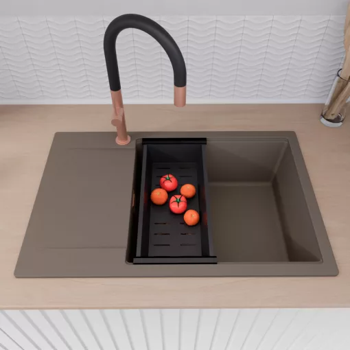 HD Onyx Tortora 78-XL egymedencés mosogatótálca szett, acél csepegtetőráccsal és matt fekete kosárral, csepegtetőtálcával, tortora színben, szálcsiszolt réz leeresztő szifonnal