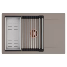 HD Onyx Tortora 78-XL egymedencés mosogatótálca szett, acél csepegtetőráccsal és kosárral, csepegtetőtálcával, tortora színben, szálcsiszolt réz leeresztő szifonnal