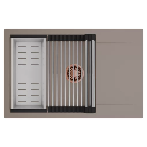 HD Onyx Tortora 78-XL egymedencés mosogatótálca szett, acél csepegtetőráccsal és kosárral, csepegtetőtálcával, tortora színben, szálcsiszolt réz leeresztő szifonnal