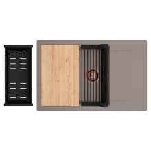 HD Onyx Tortora 78-XL egymedencés gránit mosogatótálca szett, csepegtetőtálcával, vágódeszkával, matt fekete csepegtetőráccsal és kosárral, tortora színben, szálcsiszolt réz leeresztő szifonnal