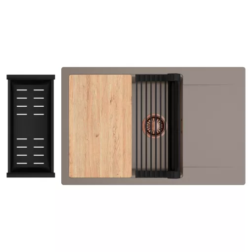 HD Onyx Tortora 78-XL egymedencés gránit mosogatótálca szett, csepegtetőtálcával, vágódeszkával, matt fekete csepegtetőráccsal és kosárral, tortora színben, szálcsiszolt réz leeresztő szifonnal