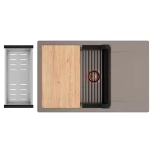 HD Onyx Tortora 78-XL egymedencés gránit mosogatótálca szett, csepegtetőtálcával, vágódeszkával, matt fekete csepegtetőráccsal és krómozott kosárral, tortora színben, szálcsiszolt réz leeresztő szifonnal