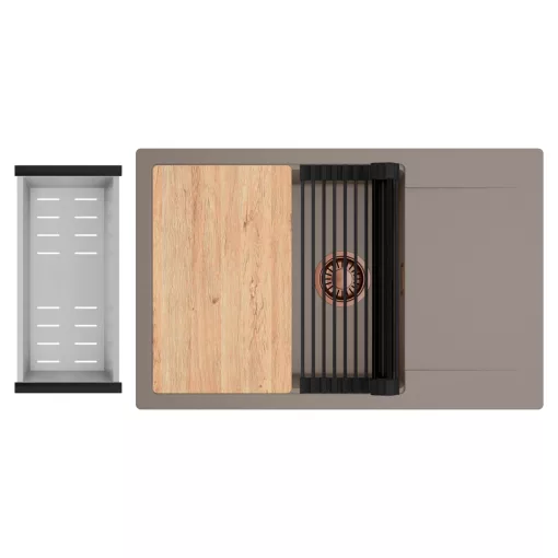 HD Onyx Tortora 78-XL egymedencés gránit mosogatótálca szett, csepegtetőtálcával, vágódeszkával, matt fekete csepegtetőráccsal és krómozott kosárral, tortora színben, szálcsiszolt réz leeresztő szifonnal