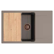 HD Onyx Tortora 78-XL egymedencés gránit mosogatótálca szett, csepegtetőtálcával, vágódeszkával, matt fekete csepegtetőráccsal, tortora színben, szálcsiszolt réz leeresztő szifonnal