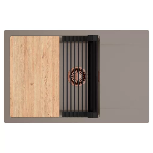 HD Onyx Tortora 78-XL egymedencés gránit mosogatótálca szett, csepegtetőtálcával, vágódeszkával, matt fekete csepegtetőráccsal, tortora színben, szálcsiszolt réz leeresztő szifonnal