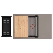 HD Onyx Tortora 78-XL egymedencés gránit mosogatótálca szett, csepegtetőtálcával, vágódeszkával, acél csepegtetőráccsal és matt fekete kosárral, tortora színben, szálcsiszolt réz leeresztő szifonnal