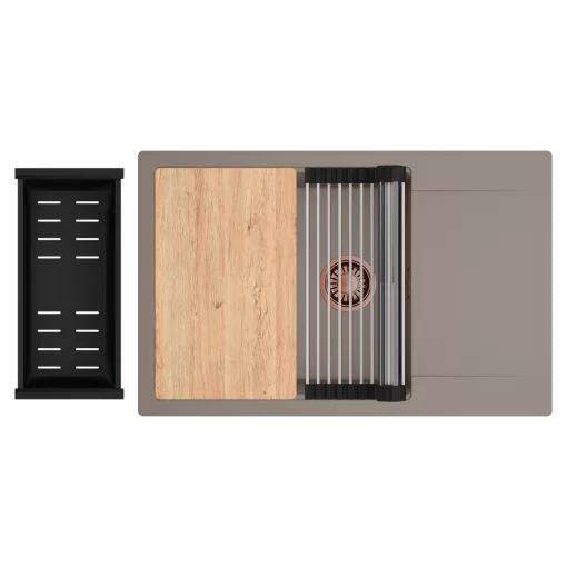 HD Onyx Tortora 78-XL egymedencés gránit mosogatótálca szett, csepegtetőtálcával, vágódeszkával, acél csepegtetőráccsal és matt fekete kosárral, tortora színben, szálcsiszolt réz leeresztő szifonnal