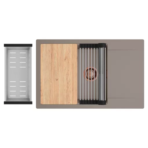 HD Onyx Tortora 78-XL egymedencés gránit mosogatótálca szett, csepegtetőtálcával, vágódeszkával, acél csepegtetőráccsal és kosárral, tortora színben, szálcsiszolt réz leeresztő szifonnal