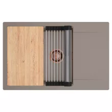 HD Onyx Tortora 78-XL egymedencés gránit mosogatótálca szett, csepegtetőtálcával, vágódeszkával, acél csepegtetőráccsal, tortora színben, szálcsiszolt réz leeresztő szifonnal