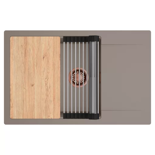 HD Onyx Tortora 78-XL egymedencés gránit mosogatótálca szett, csepegtetőtálcával, vágódeszkával, acél csepegtetőráccsal, tortora színben, szálcsiszolt réz leeresztő szifonnal