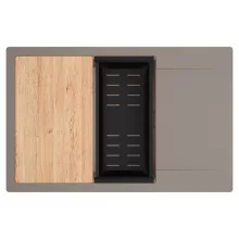 HD Onyx Tortora 78-XL egymedencés gránit mosogatótálca szett, csepegtetőtálcával, vágódeszkával, matt fekete csepegtetőkosárral, tortora színben, szálcsiszolt réz leeresztő szifonnal