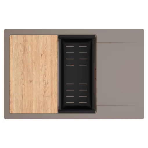 HD Onyx Tortora 78-XL egymedencés gránit mosogatótálca szett, csepegtetőtálcával, vágódeszkával, matt fekete csepegtetőkosárral, tortora színben, szálcsiszolt réz leeresztő szifonnal