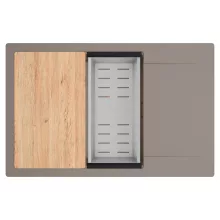 HD Onyx Tortora 78-XL egymedencés gránit mosogatótálca szett, csepegtetőtálcával, vágódeszkával, acél csepegtetőkosárral, tortora színben, szálcsiszolt réz leeresztő szifonnal