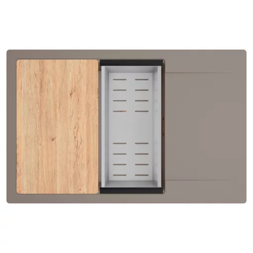 HD Onyx Tortora 78-XL egymedencés gránit mosogatótálca szett, csepegtetőtálcával, vágódeszkával, acél csepegtetőkosárral, tortora színben, szálcsiszolt réz leeresztő szifonnal