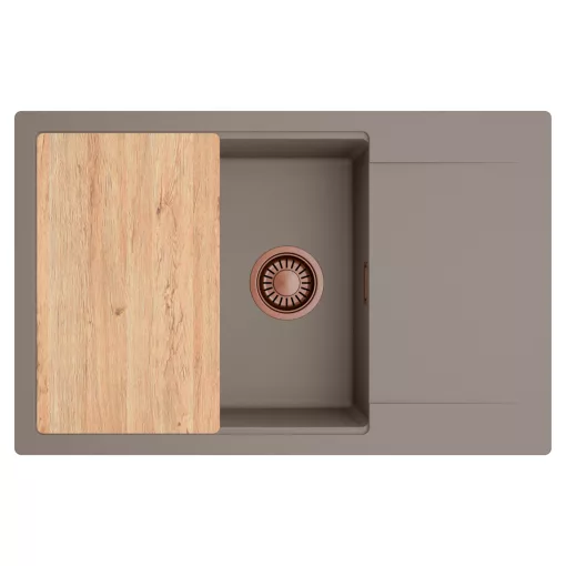 HD Onyx Tortora 78-XL egymedencés gránit mosogatótálca, vágódeszkával, tortora színben, szálcsiszolt réz leeresztő szifonnal