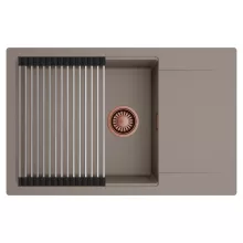 HD Onyx Tortora 78-XL egymedencés mosogatótálca szett, acél csepegtetőráccsal, csepegtetőtálcával, tortora színben, szálcsiszolt réz leeresztő szifonnal