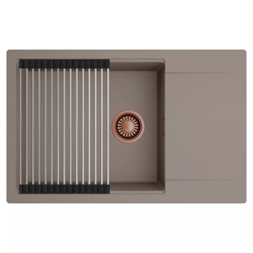 HD Onyx Tortora 78-XL egymedencés mosogatótálca szett, acél csepegtetőráccsal, csepegtetőtálcával, tortora színben, szálcsiszolt réz leeresztő szifonnal