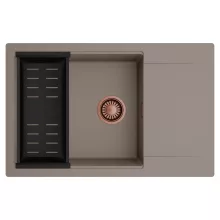 HD Onyx Tortora 78-XL egymedencés mosogatótálca szett, matt fekete csepegtetőkosárral, csepegtetőtálcával, tortora színben, szálcsiszolt réz leeresztő szifonnal