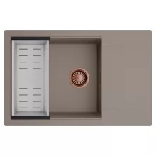 HD Onyx Tortora 78-XL egymedencés mosogatótálca szett, acél csepegtetőkosárral, csepegtetőtálcával, tortora színben, szálcsiszolt réz leeresztő szifonnal