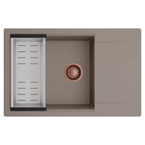 HD Onyx Tortora 78-XL egymedencés mosogatótálca szett, acél csepegtetőkosárral, csepegtetőtálcával, tortora színben, szálcsiszolt réz leeresztő szifonnal
