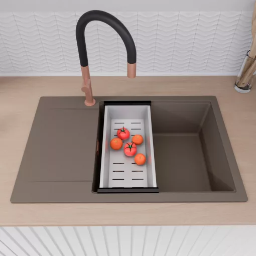 HD Onyx Tortora 78-XL egymedencés mosogatótálca szett, acél csepegtetőkosárral, csepegtetőtálcával, tortora színben, szálcsiszolt réz leeresztő szifonnal