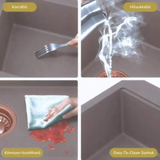 HD Onyx Tortora 78-XL egymedencés mosogatótálca szett, acél csepegtetőkosárral, csepegtetőtálcával, tortora színben, szálcsiszolt réz leeresztő szifonnal