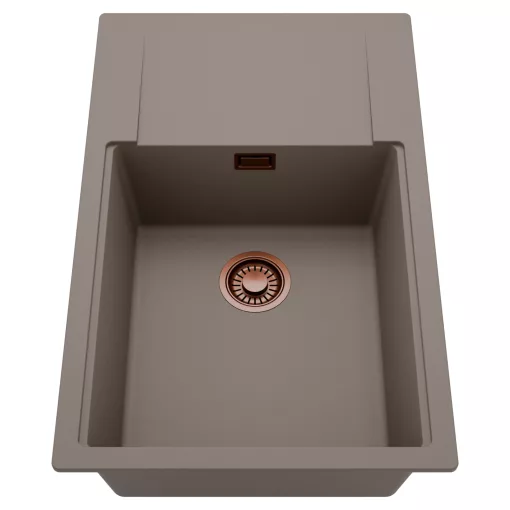 HD Onyx Tortora 78-XL egymedencés mosogatótálca, csepegtetőtálcával, tortora színben, szálcsiszolt réz leeresztő szifonnal