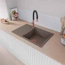 HD Onyx Tortora 78-XL egymedencés mosogatótálca, csepegtetőtálcával, tortora színben, szálcsiszolt réz leeresztő szifonnal