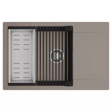 HD Onyx Tortora 78-XL egymedencés mosogatótálca szett, matt fekete csepegtetőráccsal és krómozott kosárral, csepegtetőtálcával, tortora színben