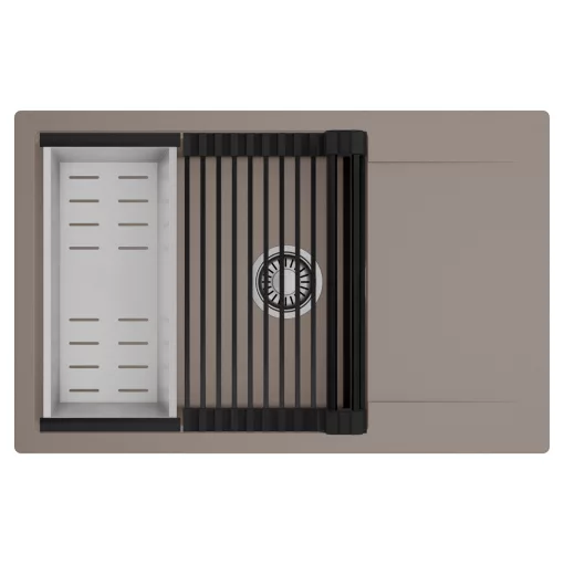 HD Onyx Tortora 78-XL egymedencés mosogatótálca szett, matt fekete csepegtetőráccsal és krómozott kosárral, csepegtetőtálcával, tortora színben