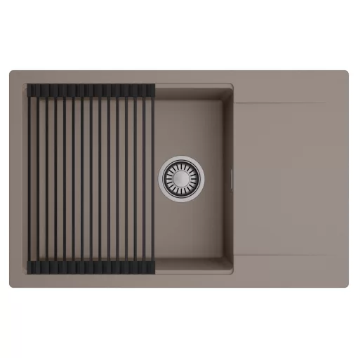 HD Onyx Tortora 78-XL egymedencés mosogatótálca szett, matt fekete csepegtetőráccsal, csepegtetőtálcával, tortora színben