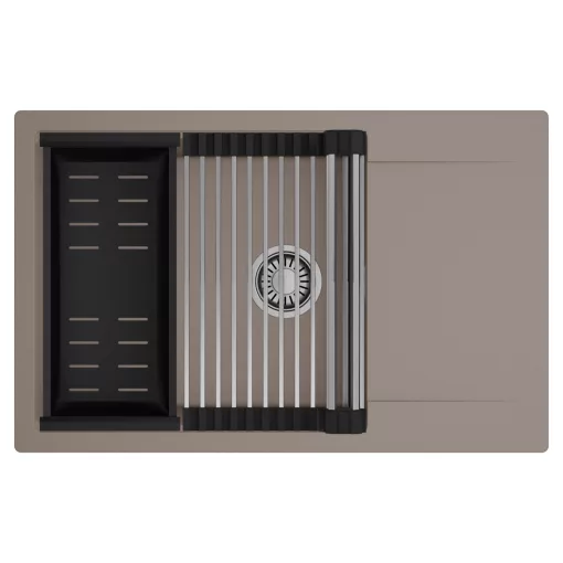 HD Onyx Tortora 78-XL egymedencés mosogatótálca szett, acél csepegtetőráccsal és matt fekete kosárral, csepegtetőtálcával, tortora színben
