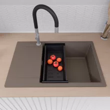 HD Onyx Tortora 78-XL egymedencés mosogatótálca szett, acél csepegtetőráccsal és matt fekete kosárral, csepegtetőtálcával, tortora színben