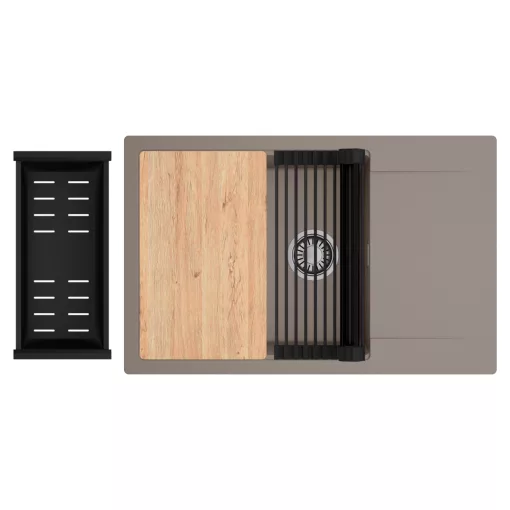 HD Onyx Tortora 78-XL egymedencés gránit mosogatótálca szett, csepegtetőtálcával, vágódeszkával, matt fekete csepegtetőráccsal és kosárral, tortora színben