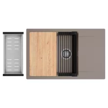 HD Onyx Tortora 78-XL egymedencés gránit mosogatótálca szett, csepegtetőtálcával, vágódeszkával, matt fekete csepegtetőráccsal és krómozott kosárral, tortora színben